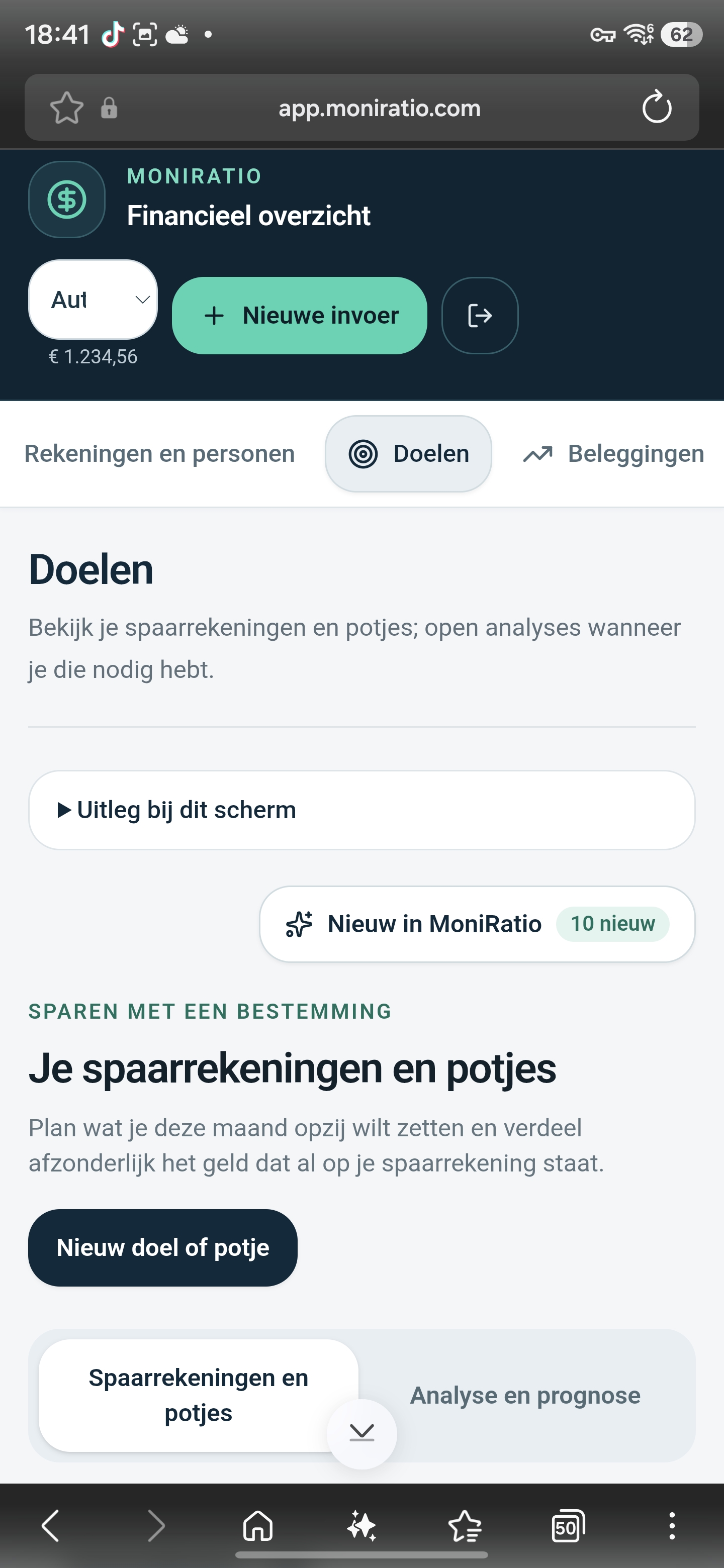 Dutch mobile screen with savings goals and pots; the amount is fictional