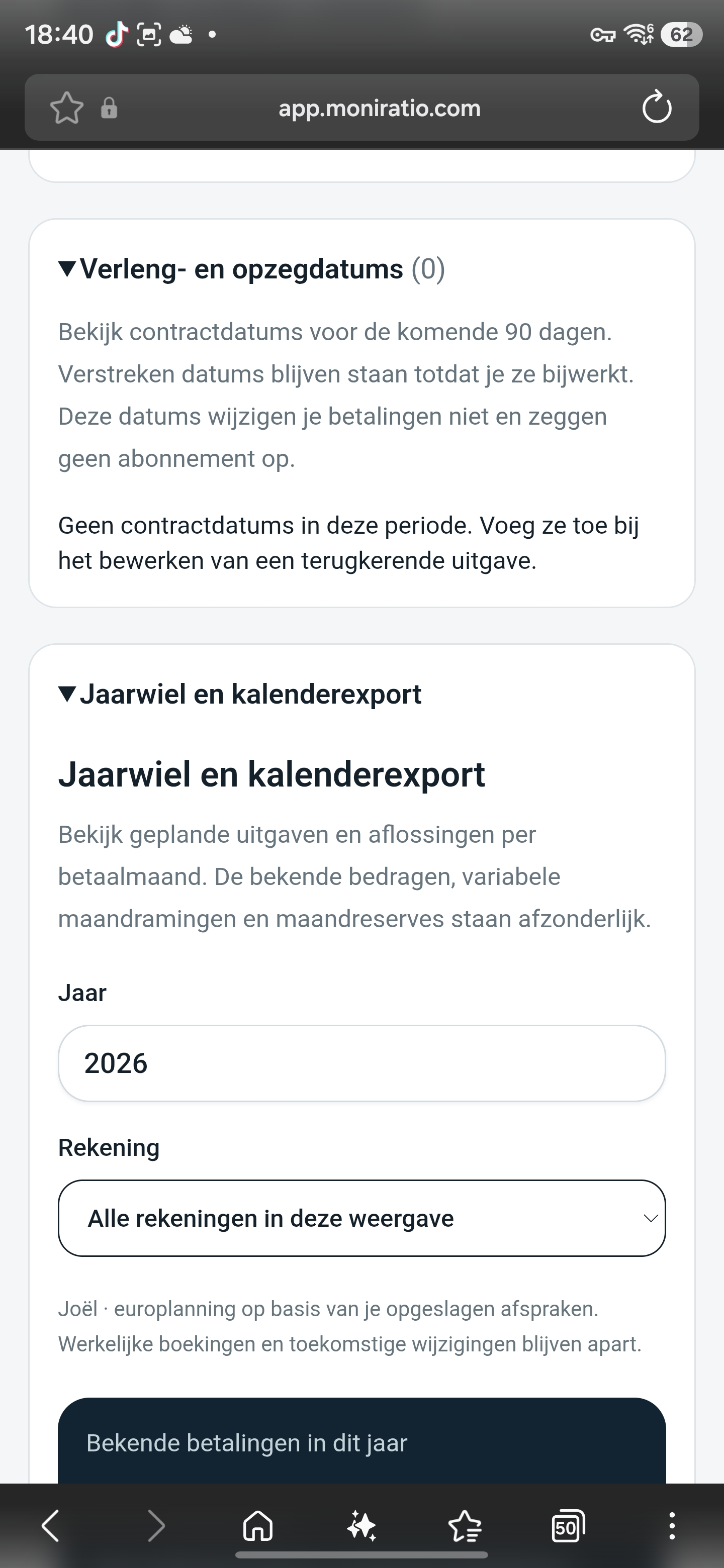 Dutch mobile screen with contract renewal dates and an annual overview