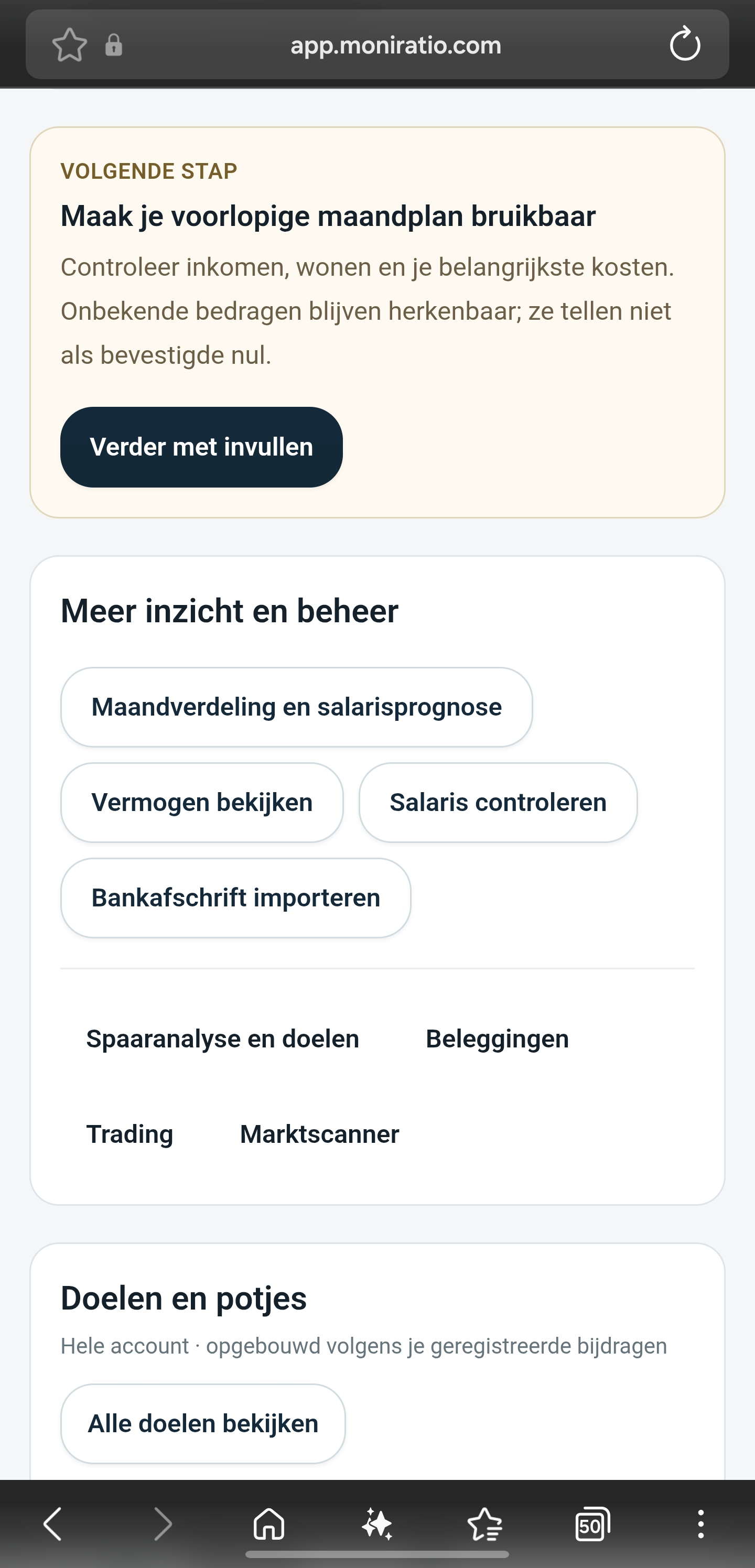 Dutch mobile screen showing a provisional monthly plan, overview options and savings goals