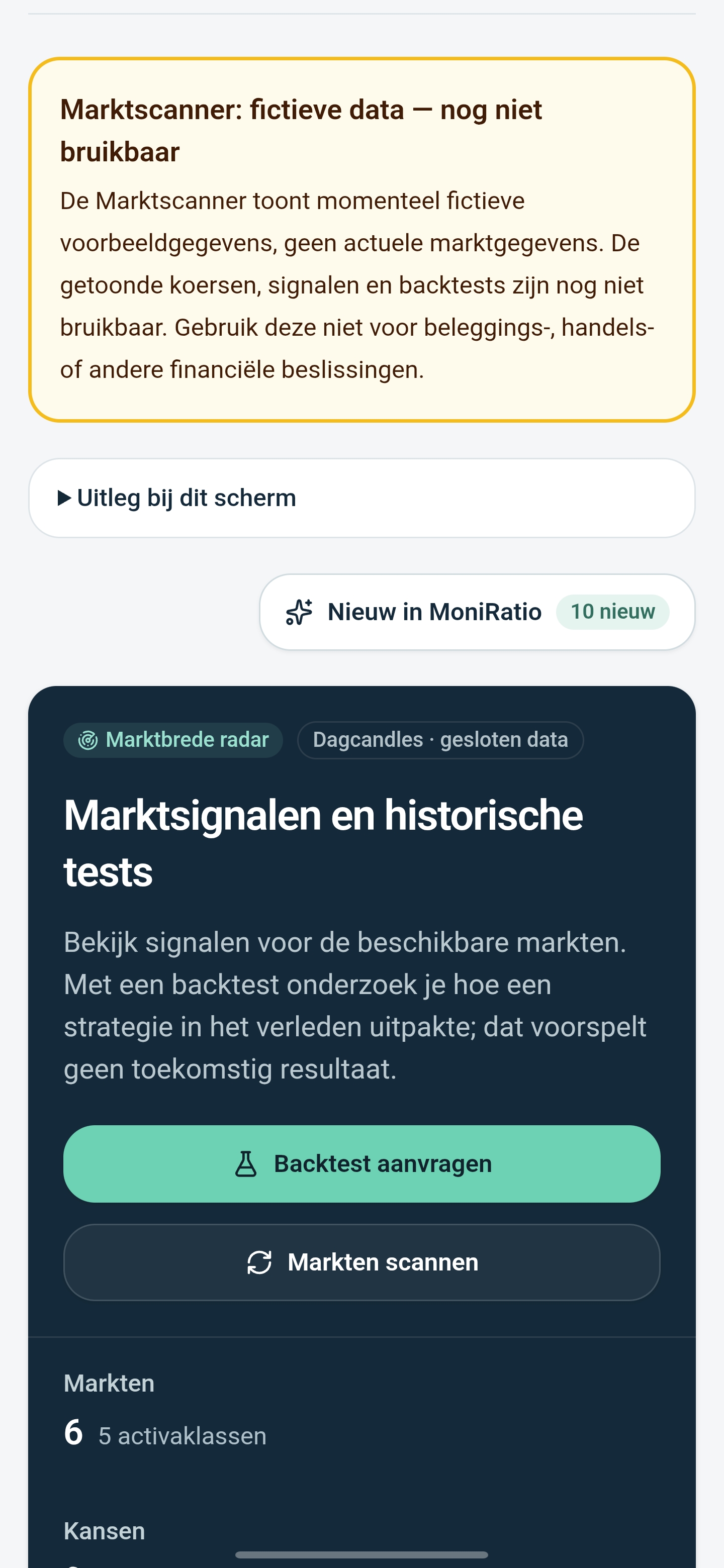 Dutch mobile market scanner screen with a warning that its market data is fictional and not usable